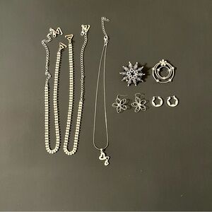 Silver Jewelry Lot 7 pieces pairs Necklaces Earrings Brooch Pendant Floral